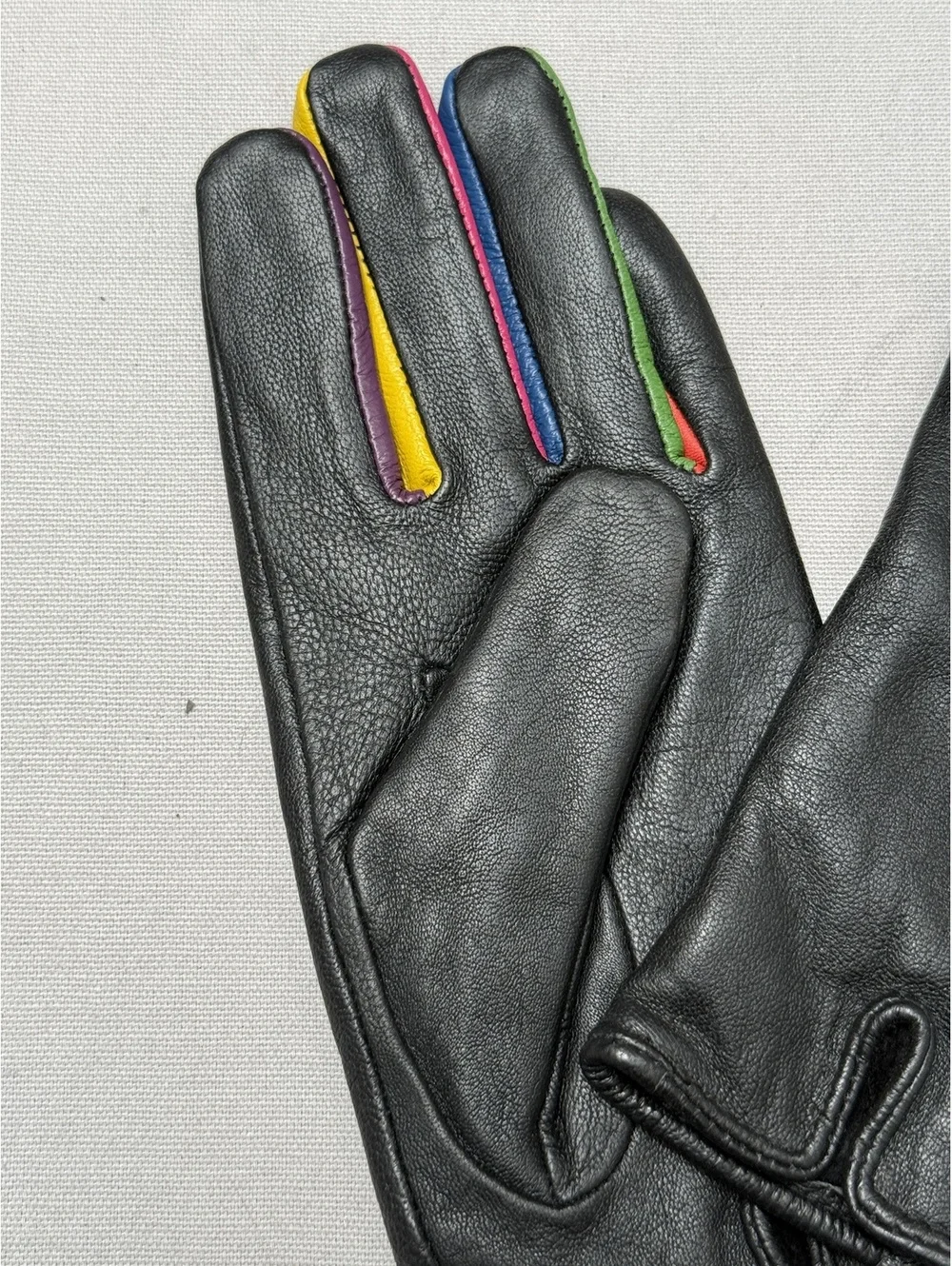 Vera Pelle Black Womens Leather Gloves Rainbow Fingers- XL